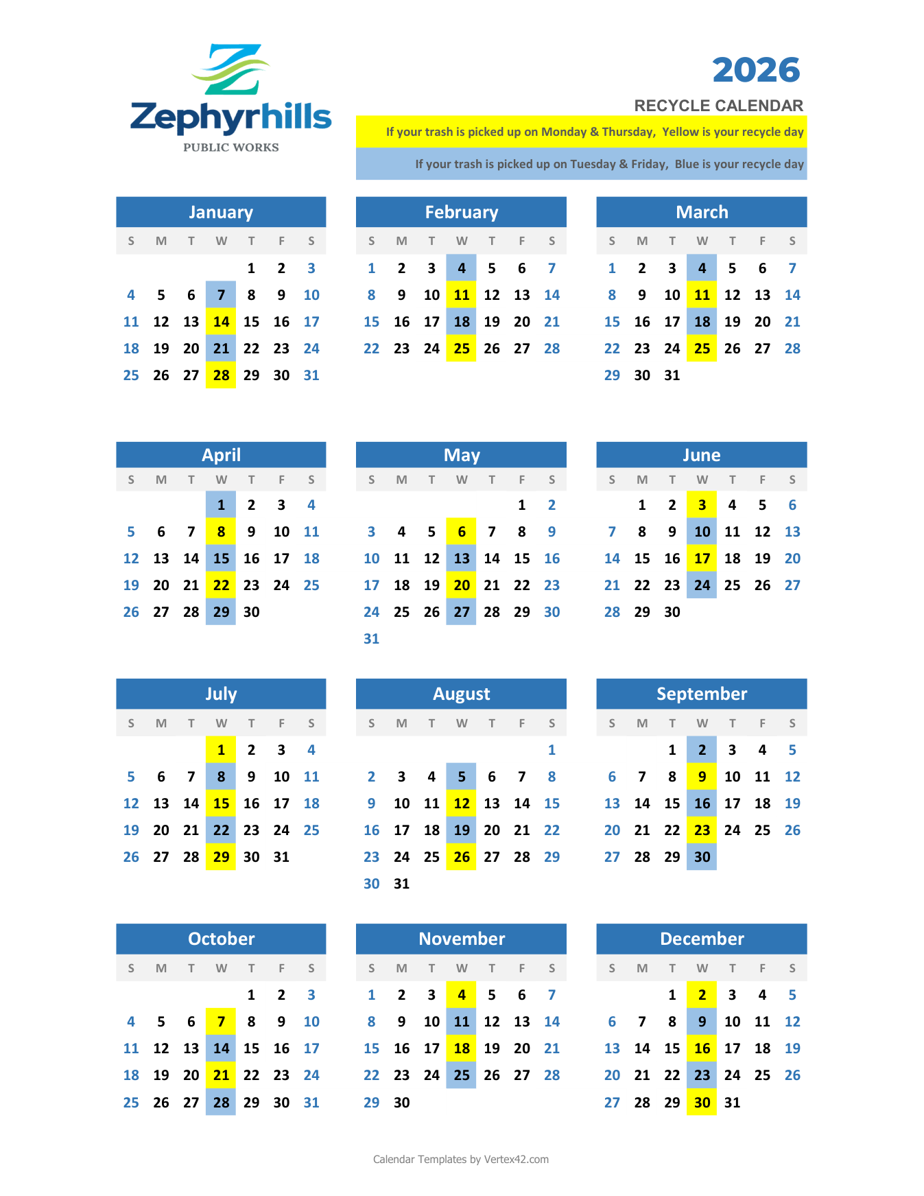 2026 City of Zephyrhills Recycling Calendar